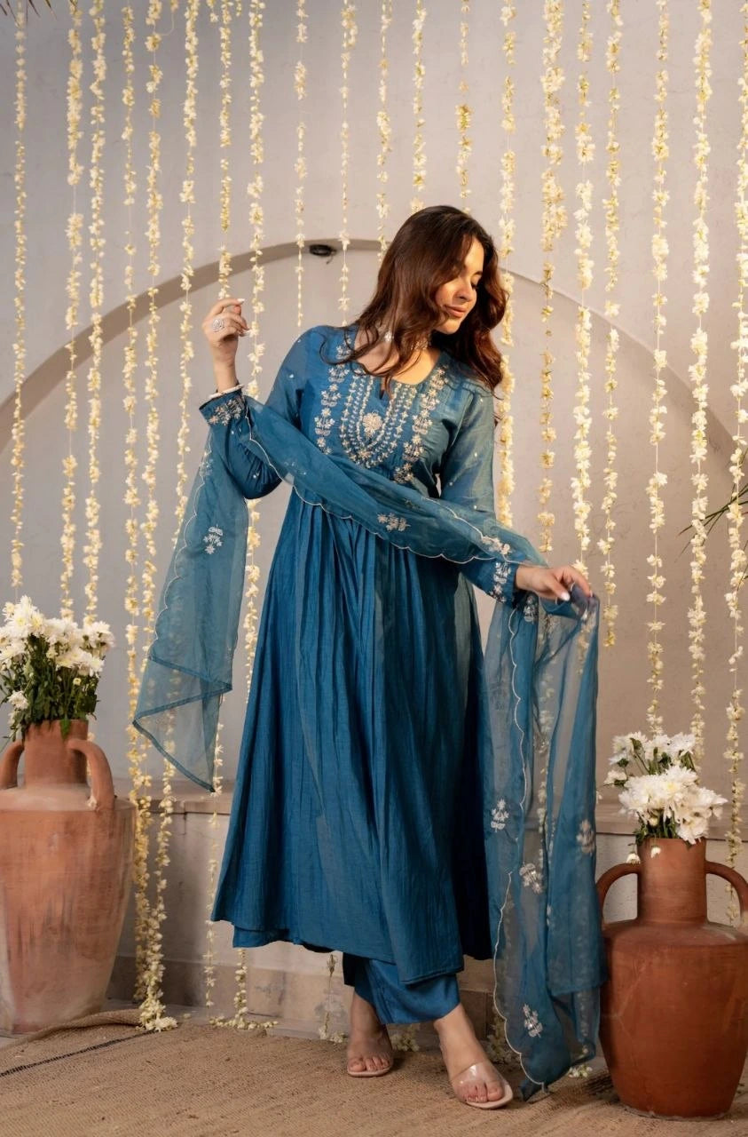 Dark Turquoise Chanderi Silk Kurti Kalyanja Fashion